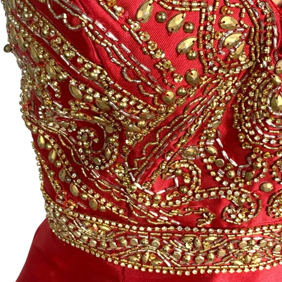 Elegant Beaded Red Satin Mermaid Larissa Gown Spaghetti Straps Flared Hem Size 6 - Picture 4 of 15